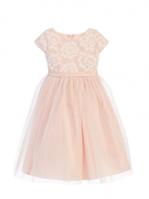 SALE Blush Short Sleeved Floral Mesh and Crystal Tulle Dress