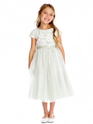 Girls Dress Style 710 - Short Sleeved Floral Mesh and Crystal Tulle Dress in Sage