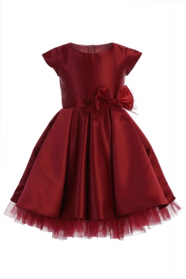 Girls Dress Style 711 - BURGUNDY Cap Sleeved All Satin Dress with Peekaboo Tulle Skirt