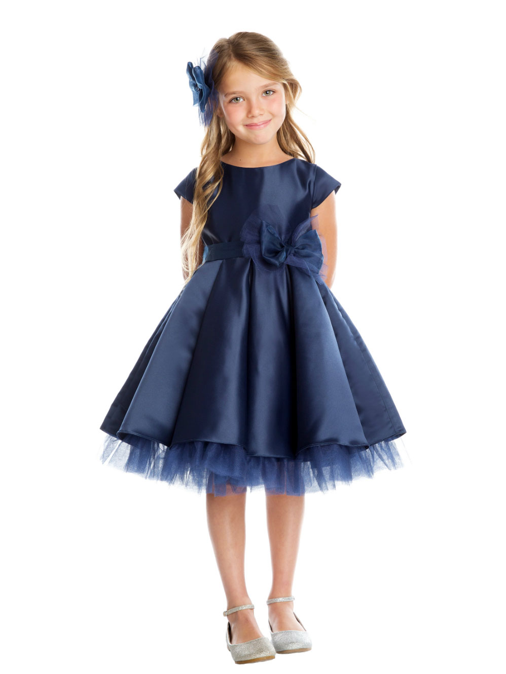 SK_711NV Girls Dress Style 711 NAVY Cap Sleeved All Satin Dress with Peekaboo Tulle Skirt