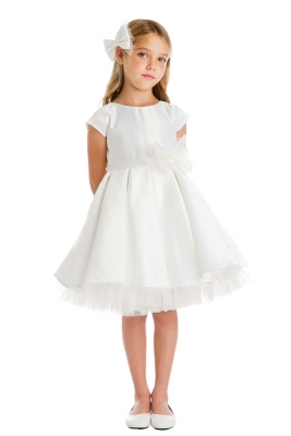 Girls Dress Style 711 - OFF WHITE Cap Sleeved All Satin Dress with Peekaboo Tulle Skirt