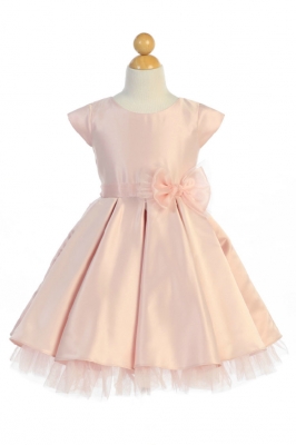 SALE PETAL PINK Cap Sleeved All Satin Dress with Peekaboo Tulle Skirt