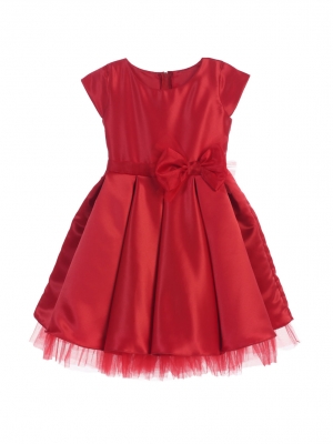 Girls Dress Style 711 - RED Cap Sleeved All Satin Dress with Peekaboo Tulle Skirt