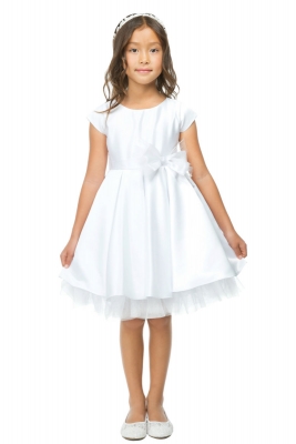 Girls Dress Style 711 - WHITE Cap Sleeved All Satin Dress with Peekaboo Tulle Skirt