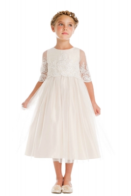 Girls Dress Style 748 - Champagne  Sequin and Cord Embroidered Dress