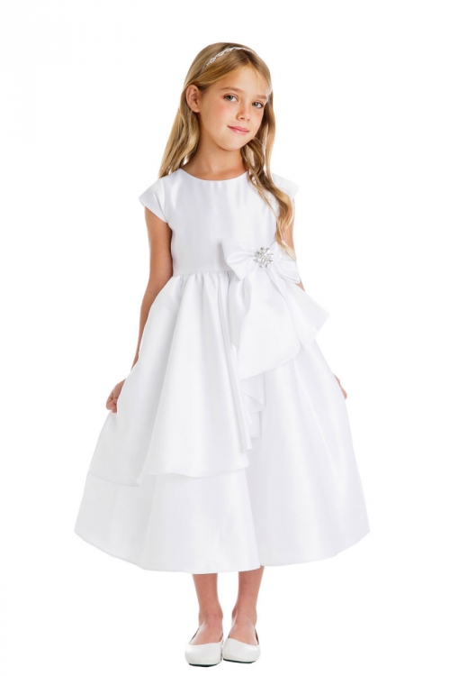 Girls Dress Style 750 White Short Sleeved Satin Dress with Cascading Skirt