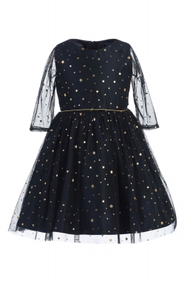 Girls Dress Style 762 - Navy 3 Quarter Length Sleeve Star and Dot Dress