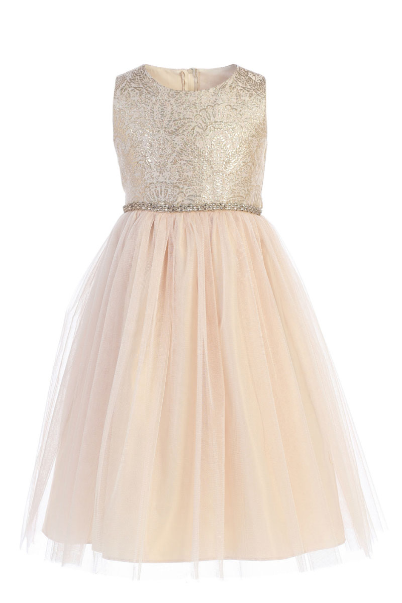 SK_764CH Girls Dress Style 764 Champagne Brocade and Tulle Dress