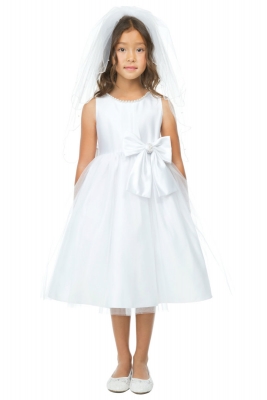 Girls Dress Style 781 - White Satin and Pearl with Tulle Dress
