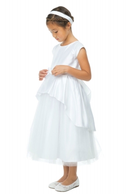 Girls Dress Style 783 - WHITE Satin and  Tulle with Cascading Peplum and Rhinestone Brooch