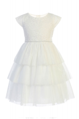 Girls Dress Style 800 - Off White Sweet Lace and Tiered Mesh with Pearl Trim Dress