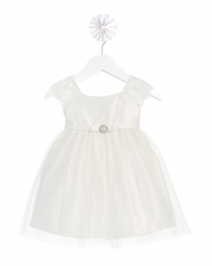 SALE White Cap Sleeve Satin and Lace Dress
