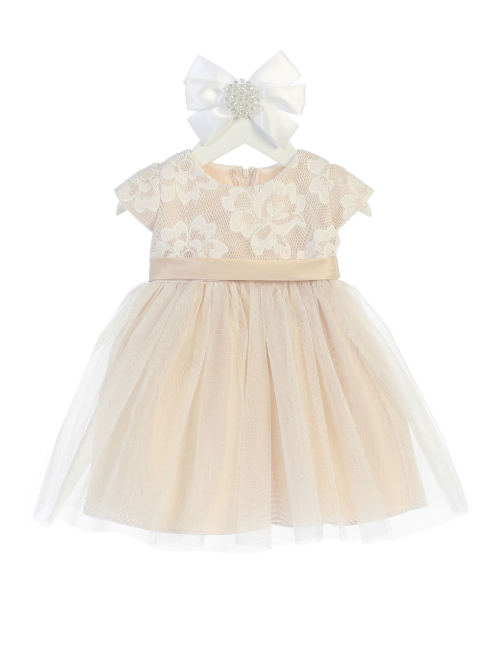 SK_710CHA Girls Dress Style 710 Short Sleeved Floral Mesh and