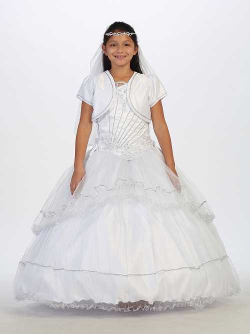 TT_1168 - Girls Dress Style 1168 - WHITE Embroidered Satin and Tulle  Rhinestone Dress with Bolero - All First Communion Dresses - Flower Girl  Dresses - Flower Girl Dress For Less