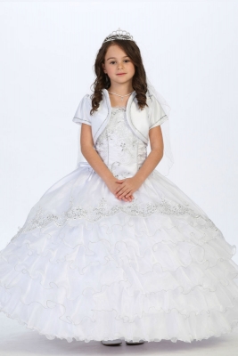 Girls Dress Style 1176 - WHITE Beaded Satin Corset Dress with Bolero