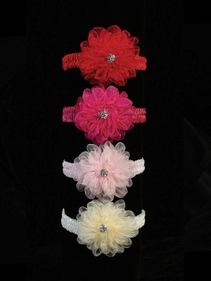 Stretch Headband Style 178- Large Organza Flower with Rhinestone Accent
