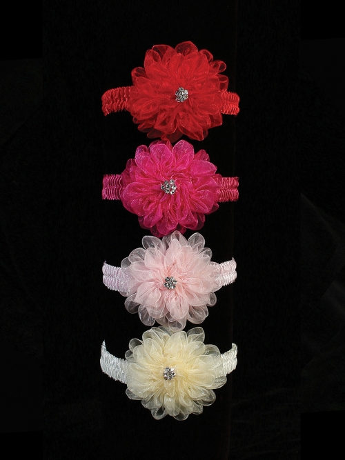 Stretch Headband Style 178- Large Organza Flower with Rhinestone Accent