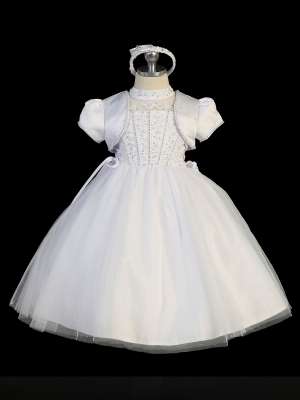 Girls Baptism and Christening Style 2301- WHITE Satin and Tulle Beaded Embroidered Dress with Bolero