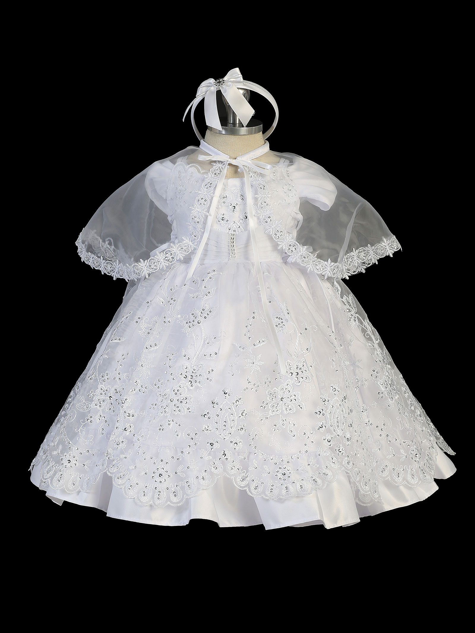 Girls Baptism and Christening Style 2306 - WHITE Satin and Organza Dress with Pl