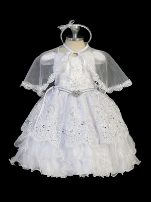 Girls Baptism and Christening Style 2309 - WHITE Satin Dress with Embroidered Dove and Bautizo