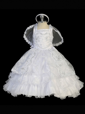 Girls Baptism and Christening Style 2314 - WHITE Embroidered Organza Dress with Criss Cross Back