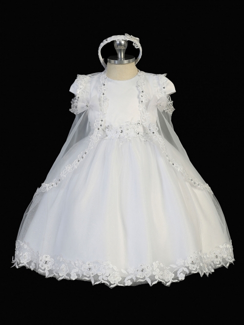Girls Baptism and Christening Style 2321 WHITE Satin and Tulle Dress with Sequin Accents