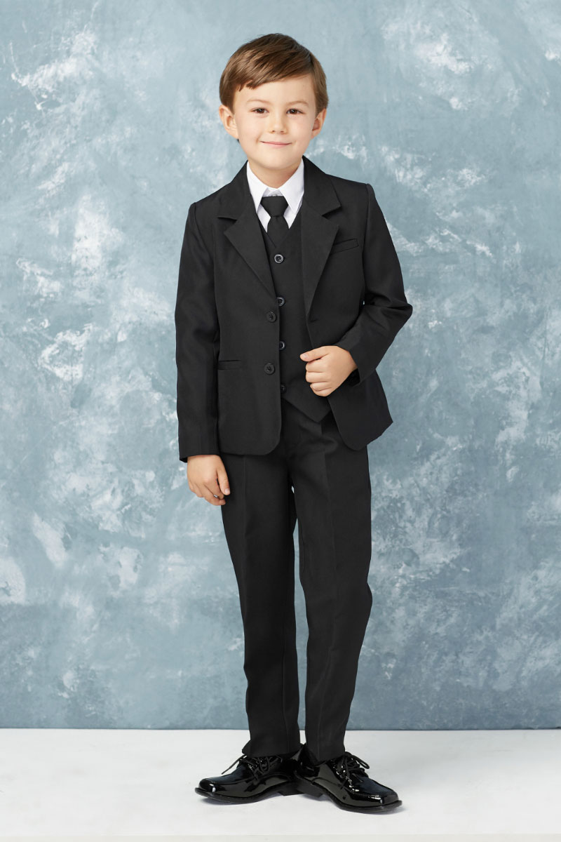 Boys Black Slim Fit Communion Suit with Silver Cross Dress Tie
