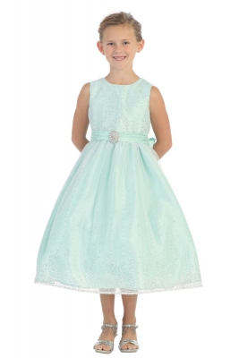 Girls Dress Style 5632- Sleeveless Glitter and Tulle Dress with Brooch