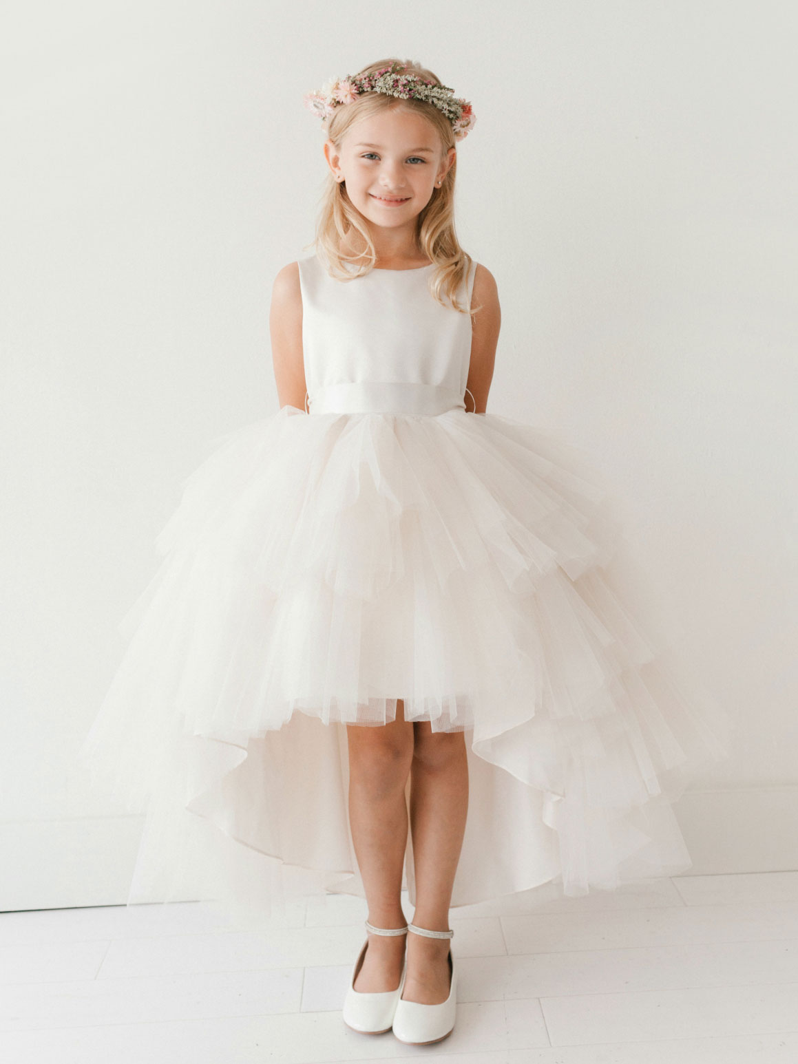 TT 5658CH Girls Dress Style 5658 Satin and Tulle High Low Dress In Champagne See All Dresses Flower Girl Dresses Flower Girl Dress For Less