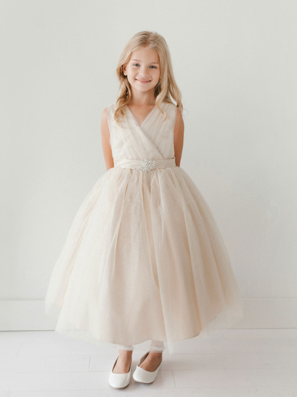 Girls Dress Style 5698 - CHAMPAGNE Sparkly Tulle Dress with Matching Rhinestone