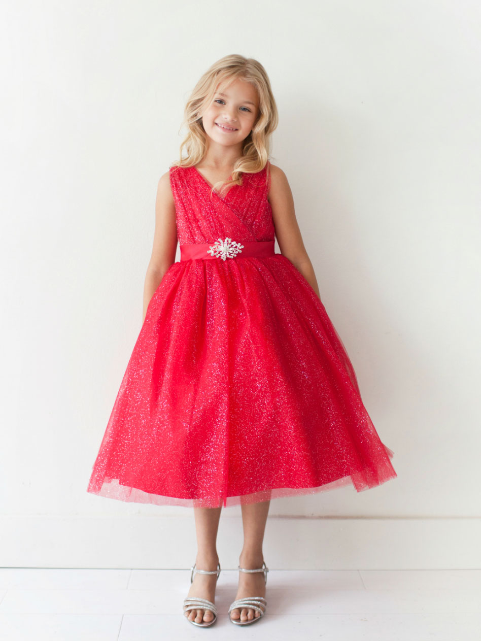 Girls Dress Style 5698 - RED Sparkly Tulle Dress with Matching Rhinestone Sash