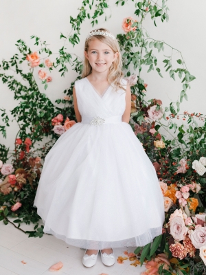 Girls Dress Style 5698 - WHITE Sparkly Tulle Dress with Matching Rhinestone Sash