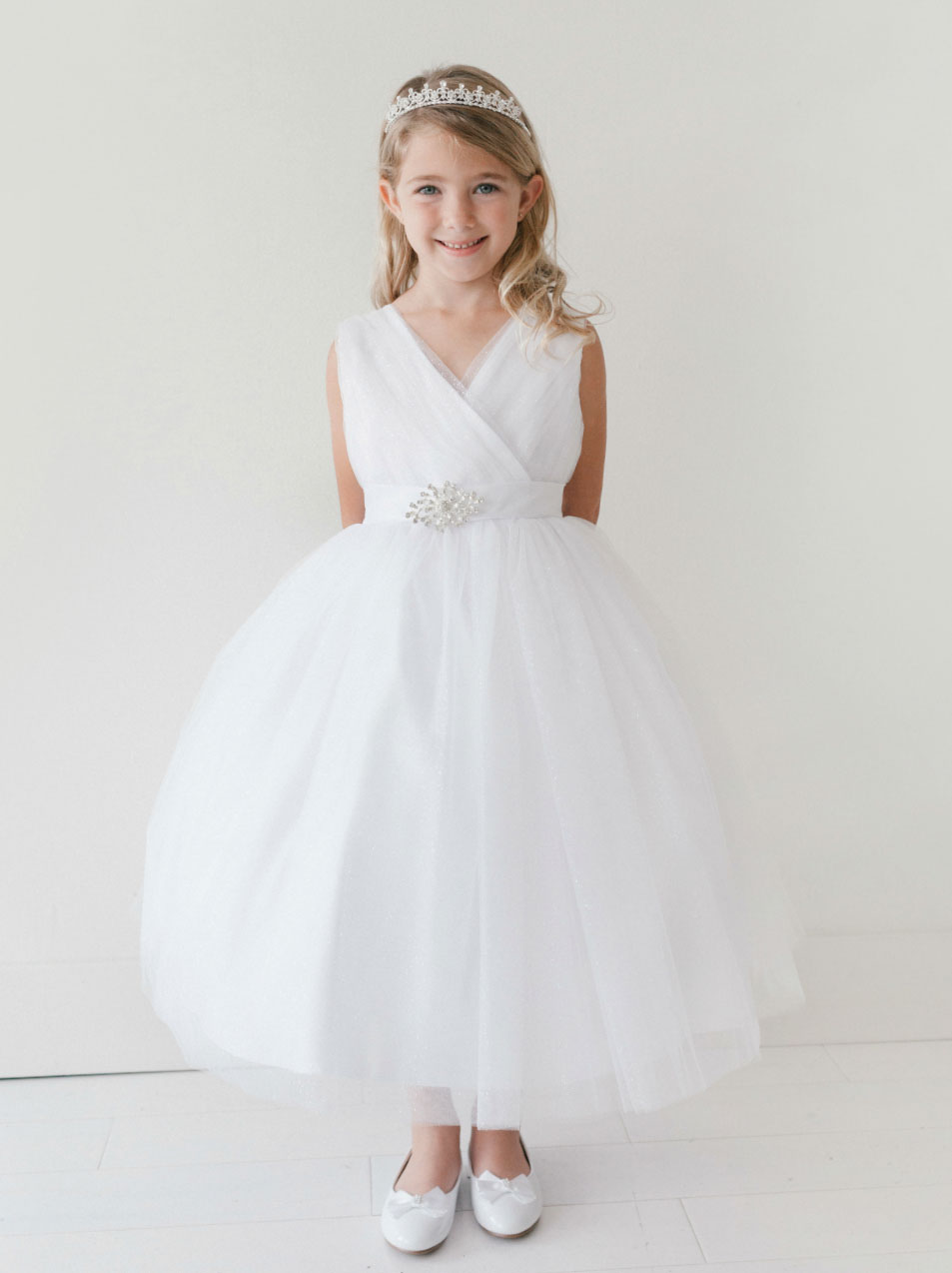 Girls Dress Style 5698 - WHITE Sparkly Tulle Dress with Matching Rhinestone Sash