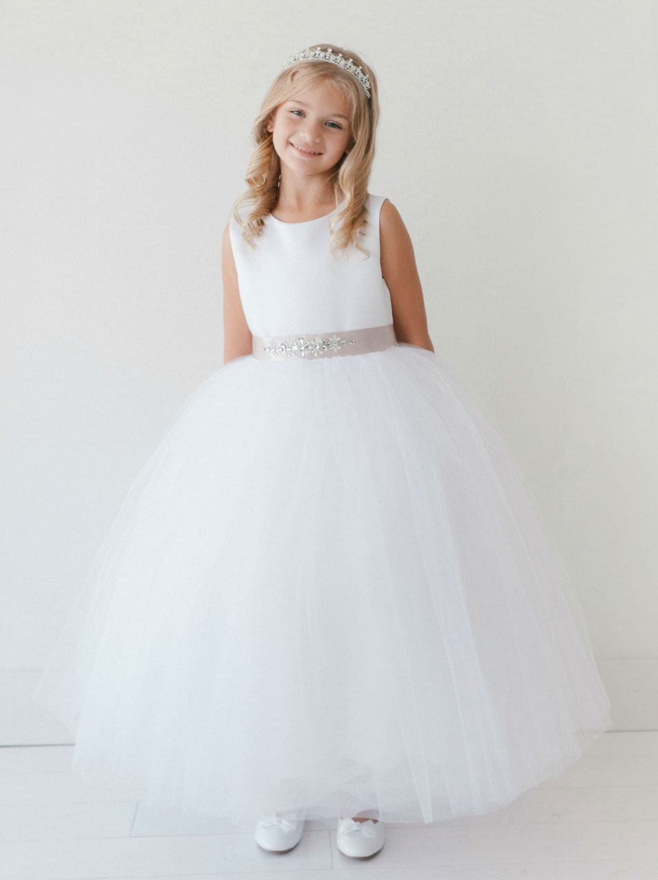 Girls Dress Style 5700 - Satin and Tulle Dress with Choice of Sash Type and Colo