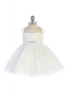 Girls Dress Style 5712 - Lace Dress with Sheer Illusion Neckline in White