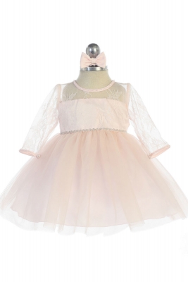 Girls Dress Style 5724- Three Quarter Length Sleeve Lace and Tulle Dress In Blush