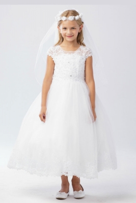Girls Dress Style 5730 - WHITE Capped Sleeve Lace and Embroidery Tulle Dress