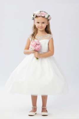 Girls Dress Style 5746 - Ivory Capped Sleeve Illusion Beaded Gown