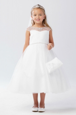 Girls Dress Style 5746 - White Capped Sleeve Illusion Beaded Gown