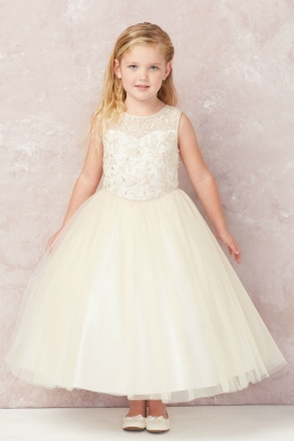 Girls Dress Style 5747 - Embroidered Illusion Neckline Gown in Champagne