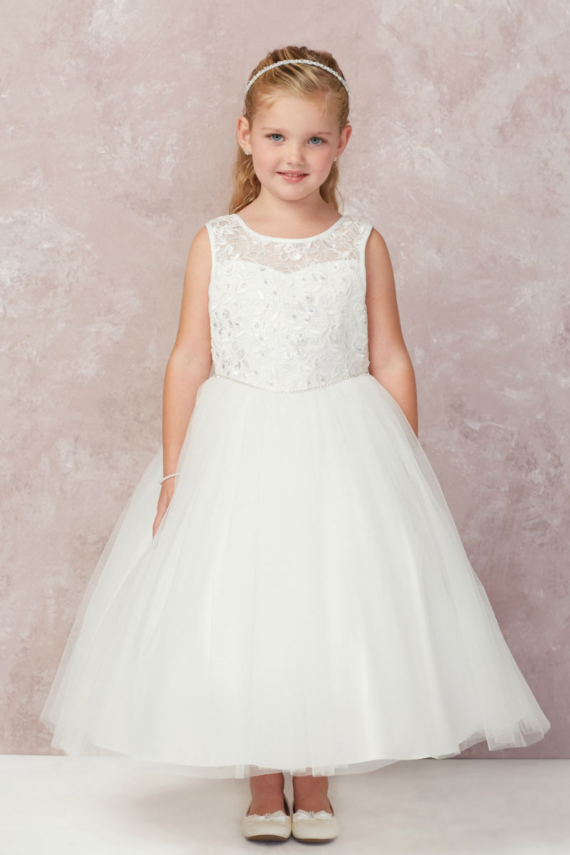 TT_5747IV Girls Dress Style 5747 Embroidered Illusion Neckline Gown