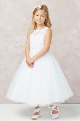 Girls Dress Style 5747 - Embroidered Illusion Neckline Gown in white