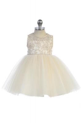 Girls Dress Style 5747 - Embroidered Illusion Neckline Gown in Champagne