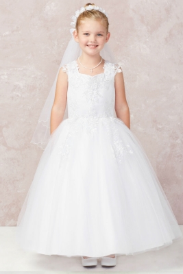 Girls Dress Style 5751P - WHITE Capped Lace and Embroidered Gown with Corset Back