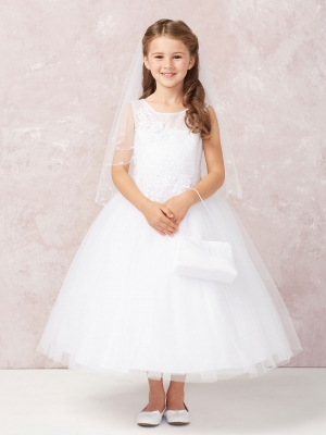 Girls Dress Style 5753 - Sleeveless Embroidered Beaded Gown in White