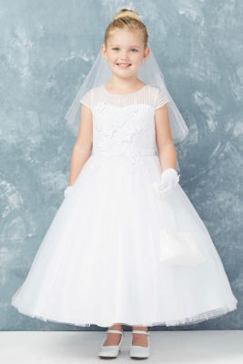 Girls Dress Style 5754 - WHITE Beaded Illusion Neckline with Keyhole Back Gown