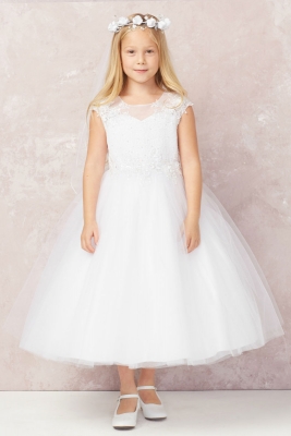 Girls Dress Style 5757 - WHITE Capped Lace and Embroidered Gown