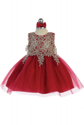 Girls Dress Style 5771s - BURGUNDY Short Gown with Metallic Embroidery Embellishments