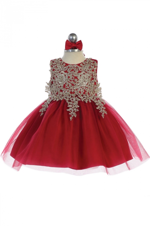 Girls Dress Style 5771s - BURGUNDY Short Gown with Metallic Embroidery Embellishments