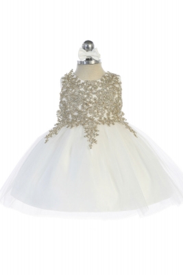 Girls Dress Style 5771s - IVORY Short Gown with Metallic Embroidery Embellishments